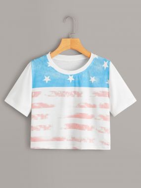 Полосатая кроп футболка с принтом звезды