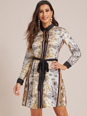 Платье-рубашка с поясом, леопардовым и племенным принтом