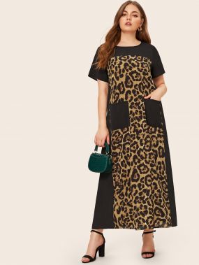 Контрастное платье размера плюс с леопардовым принтом