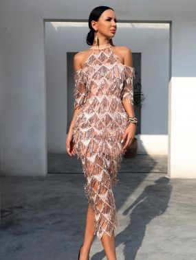 Missord геометрическое блестящее платье-халтер макси с разрезом на плечах