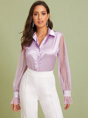 Атласная блуза с сетчатым рукавом
