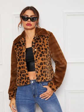 Контрастное леопардовое пальто из искусственного меха