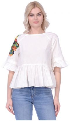 Блуза  Baon, стиль бохо, свободный силуэт, короткий рукав, однотонная, размер 42, белый