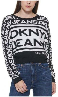 Свитер DKNY, длинный рукав, свободный силуэт, укороченный, вязаный, без карманов, размер L, белый, черный