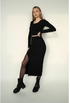 Костюм, топ и юбка, повседневный стиль, прилегающий силуэт, трикотажный, размер 40 (XS), черный