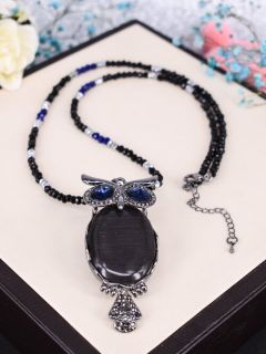 Колье ожерелье с подвеской Сова с натуральными камнями черными турмалинами Шерл и сапфирами