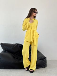 Костюм, рубашка и брюки, повседневный стиль, свободный силуэт, пояс/ремень, пояс на резинке, размер 44, желтый