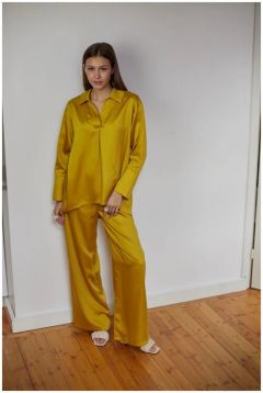 Костюм elinni, блуза и брюки, повседневный стиль, свободный силуэт, пояс на резинке, размер S, желтый