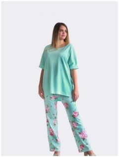 Пижама женская футболка, брюки с карманами, цвет мята, голубой, бирюза, размер 52, большие размеры