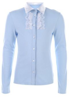 Школьная блуза Снег, прилегающий силуэт, на пуговицах, длинный рукав, без карманов, однотонная, размер 122-128, голубой, белый
