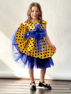 Платье Бушон, нарядное, в горошек, размер 134-140, синий, желтый
