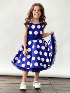 Платье для девочки нарядное бушон ST20, стиляги цвет синий, синий пояс, принт горох белый, размер 122