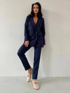 Костюм Blazer, жакет и брюки, классический стиль, полуприлегающий силуэт, пояс на резинке, размер 42, синий