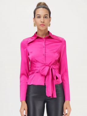Неоновая розовая атласная рубашка с узлом