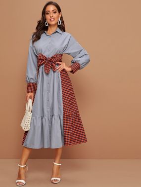Платье-блуза в клетку с поясом и оборками