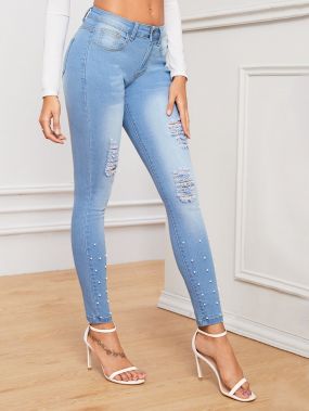 Рваные джинсы с жемчугом