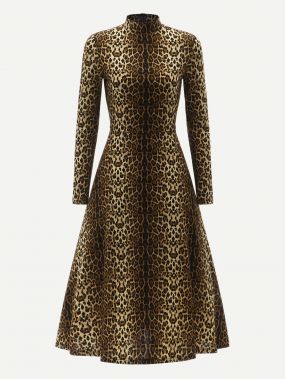 80s леопардовое платье со стоячим вырезом