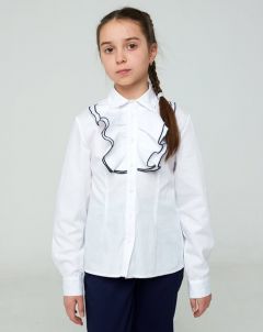 Школьная рубашка IRINA EGOROVA, полуприлегающий силуэт, на пуговицах, длинный рукав, без карманов, воланы, однотонная, размер 140, белый