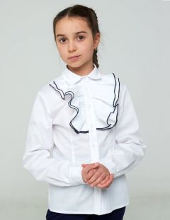 Школьная рубашка IRINA EGOROVA, полуприлегающий силуэт, на пуговицах, длинный рукав, без карманов, воланы, однотонная, размер 128, белый