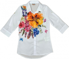 Рубашка , свободный силуэт, на пуговицах, укороченный рукав, флористический принт, размер 134, мультиколор