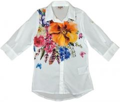 Рубашка , свободный силуэт, на пуговицах, укороченный рукав, флористический принт, размер 116, белый