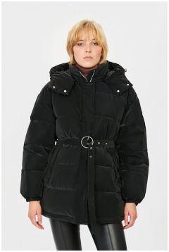Куртка  Baon, демисезон/зима, средней длины, силуэт прилегающий, съемный капюшон, подкладка, пояс/ремень, манжеты, карманы, размер 50, черный