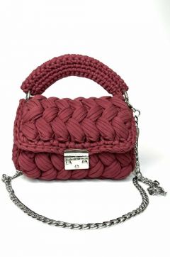 Женская бордовая сумочка через плечо с ручкой цепочкой вязаный текстиль ручная работа
