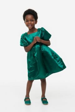 Атласное платье с пышными рукавами - темно-зеленый - 128