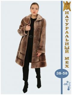 Пальто , мутон, удлиненное, силуэт трапеция, карманы, размер 50, бежевый, коричневый