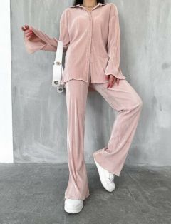 Костюм, рубашка и брюки, повседневный стиль, свободный силуэт, пояс на резинке, размер 46-48, розовый