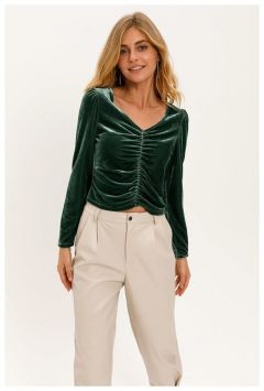 Бархатная блузка с драпировкой Sela 0812010217 Зеленый 42