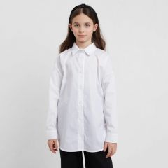 Школьная рубашка Minaku, свободный силуэт, на пуговицах, длинный рукав, воланы, однотонная, размер 146 см, белый