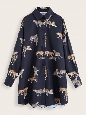 Платье-рубашка с пуговицами, леопардовым и тигровым принтом