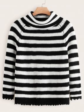Полосатый свитер размера плюс в рубчик с высоким вырезом и рукавом реглан