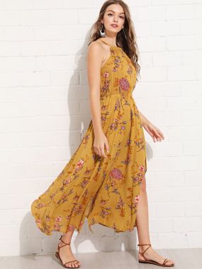 Цветочное платье с эластичным поясом