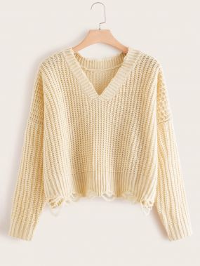 Рваный свитер размера плюс со спущенным рукавом