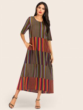 Разноцветное полосатое длинное платье с карманом