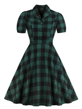 50s стильное платье в клетку с пуговицами