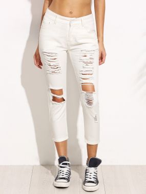 Белые облегающие рваные джинсы