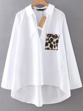 Белая асимметричная блуза. карман с леопардовым принтом