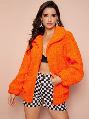 Неоновое оранжевое плюшевое пальто на молнии