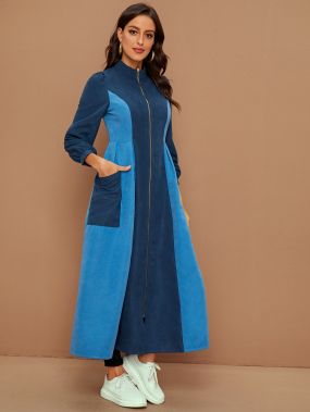 Контрастное длинное пальто на молнии с воротником-стойкой