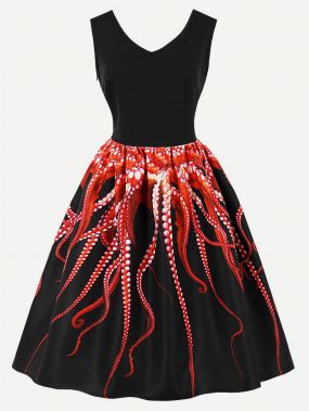 Платье с v-образным воротником и принтом осьминог