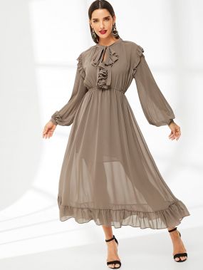 Асимметричное платье с эластичной талией и рукавами, присборенный у манжета