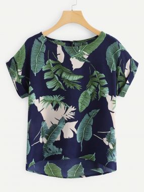 Большая рубашка и с риуснками тропическими листьев и Dip подол