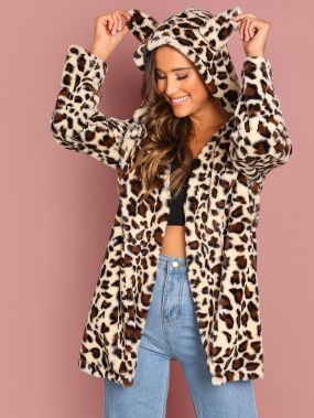 Леопардовое плюшевое пальто с капюшоном