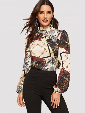 Блуза со стоячим воротником и графическим принтом