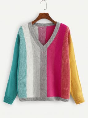 Плюс размеры контрастный свитер с v-образным вырезом