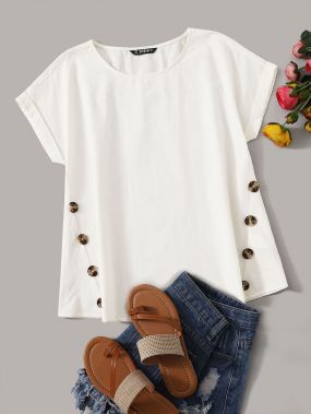 Белая Блуза С Коротким Рукавом И Декоративными Пуговицами