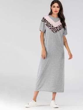 Длинное платье-футболка с леопардовым принтом